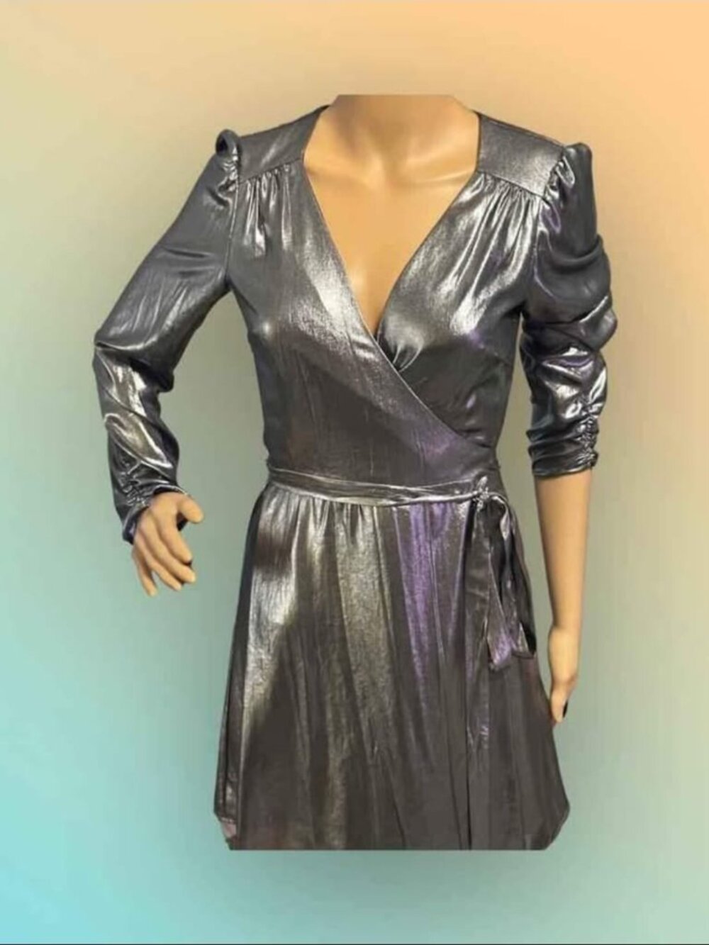 Gianni Bini Noa Metallic Lame V-Neck Long Sleeve A-Line Wrap Dress Size XS NWT